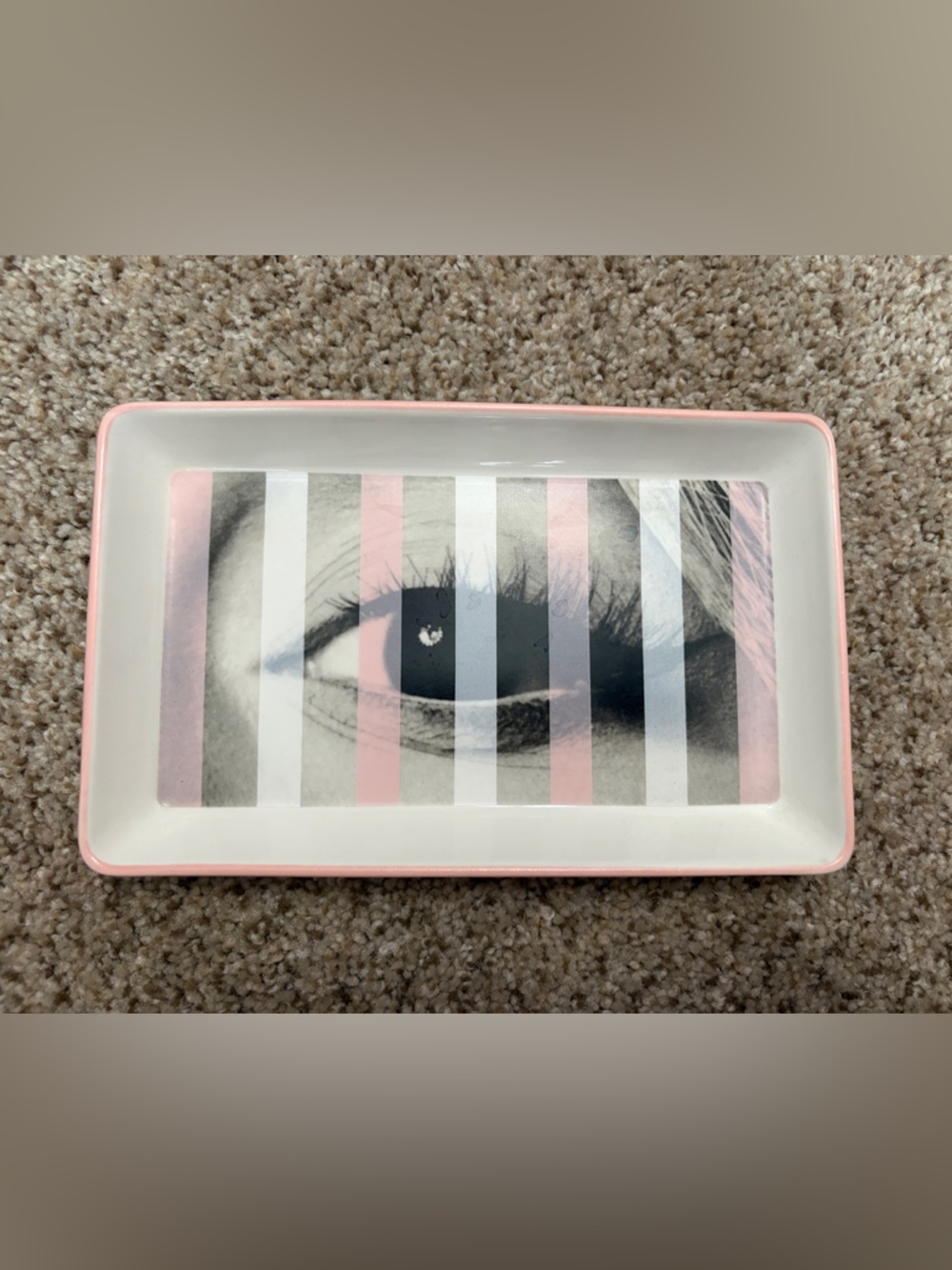 Decorative Ceramic Trinket Tray with Pink Trim and Striped Eye Graphic
